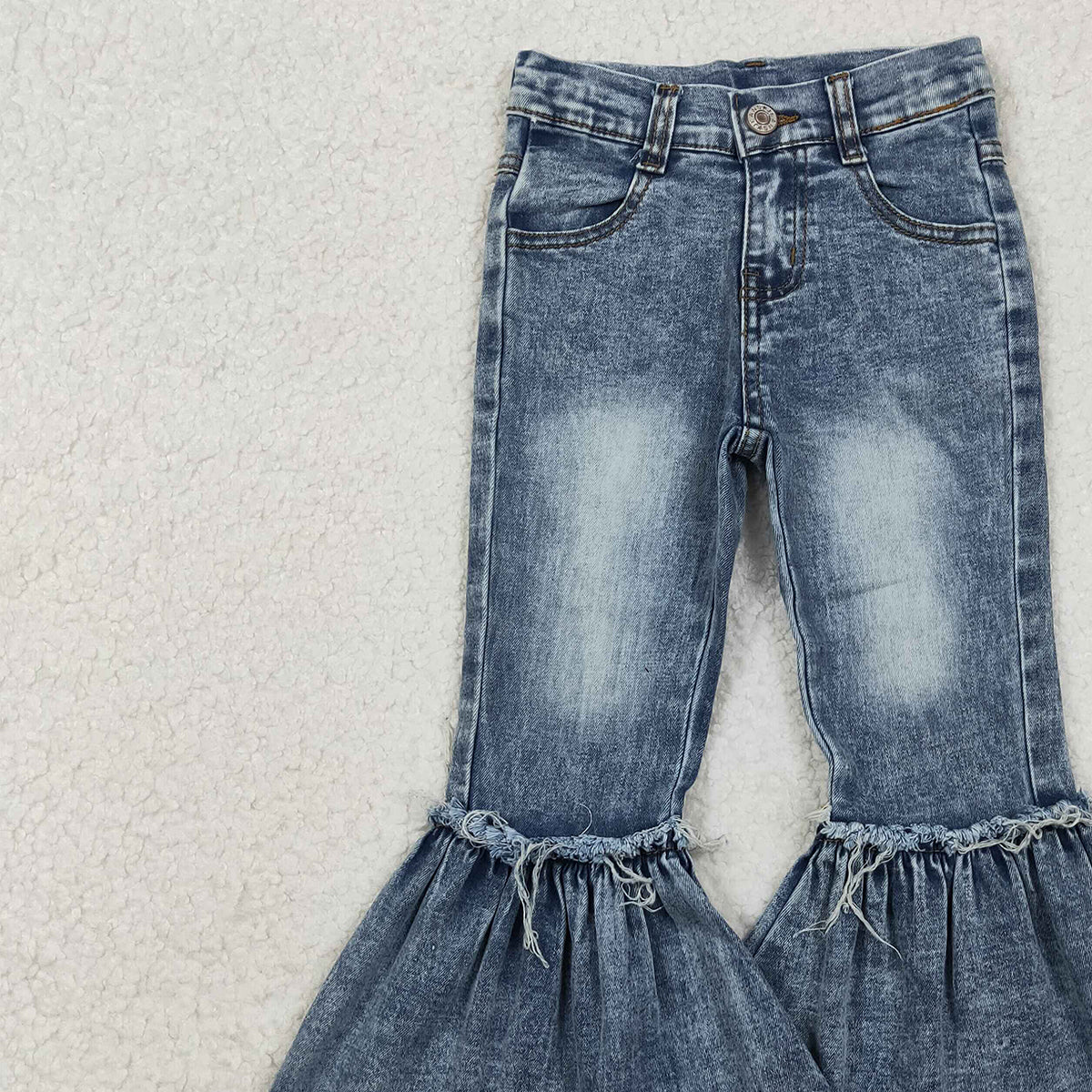 10.28 RTS NO MOQ （In stock）P0676 Baby Girls Denim Pants Baby Girls Navy Bleached Denim Flare Pants Jeans