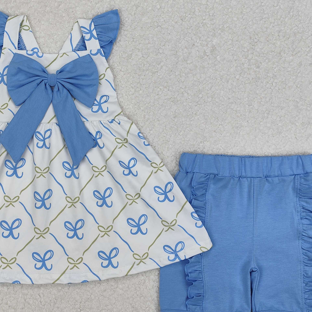 GSSO2109Girls Tunic Top with Flutter Sleeves Light Bow Detail Ruffle Shorts Set Cute Casual Outfit for Kids