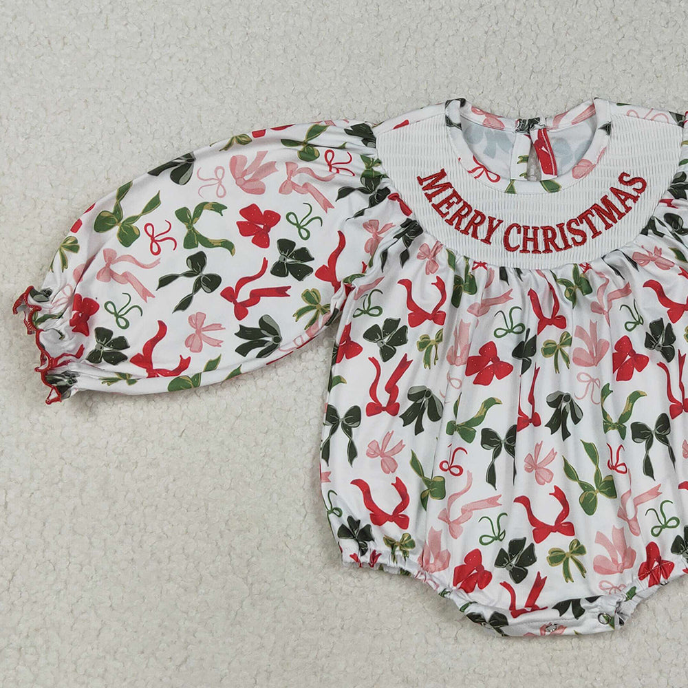USA Shop (in stock)LR2276 Baby Girls Winter Rompers Baby Girls Smocked Embroidery Merry Christmas Colorful Bows Rompers