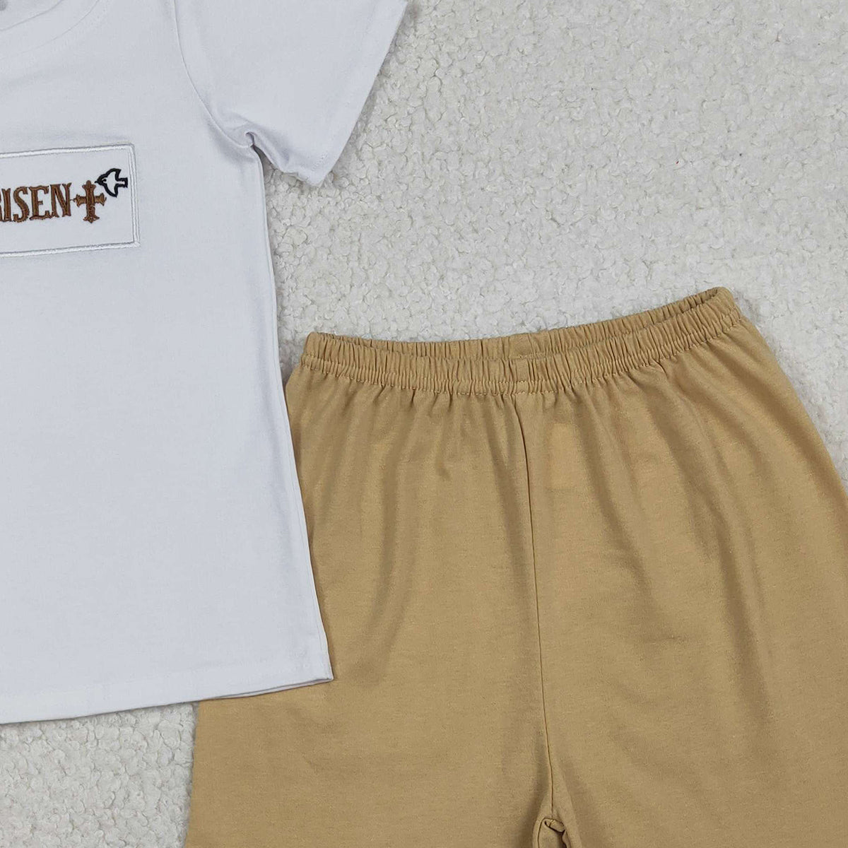 12.24 RTS NO MOQ （In stock）BSSO1674 Embroidery Crosses He is Risen Baby Boys Top Shorts Easter Clothes Sets