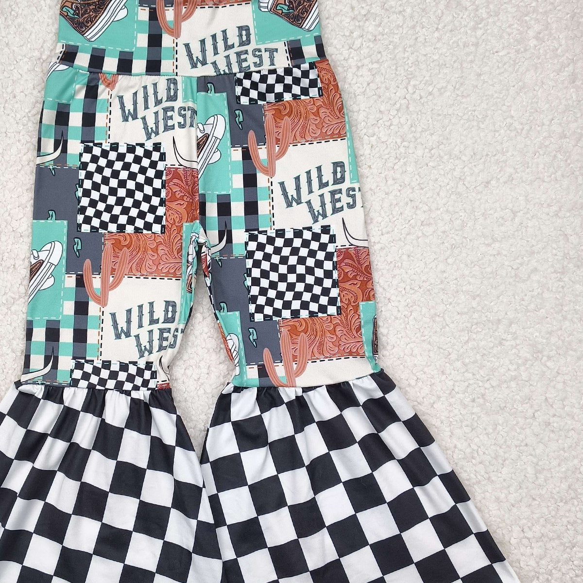 P0751 RTS NO MOQ Baby Girls Pants Wild West Bull Skull Plaid Western Girls Bell Bottom Pants Unique Cowgirl Style Clothing