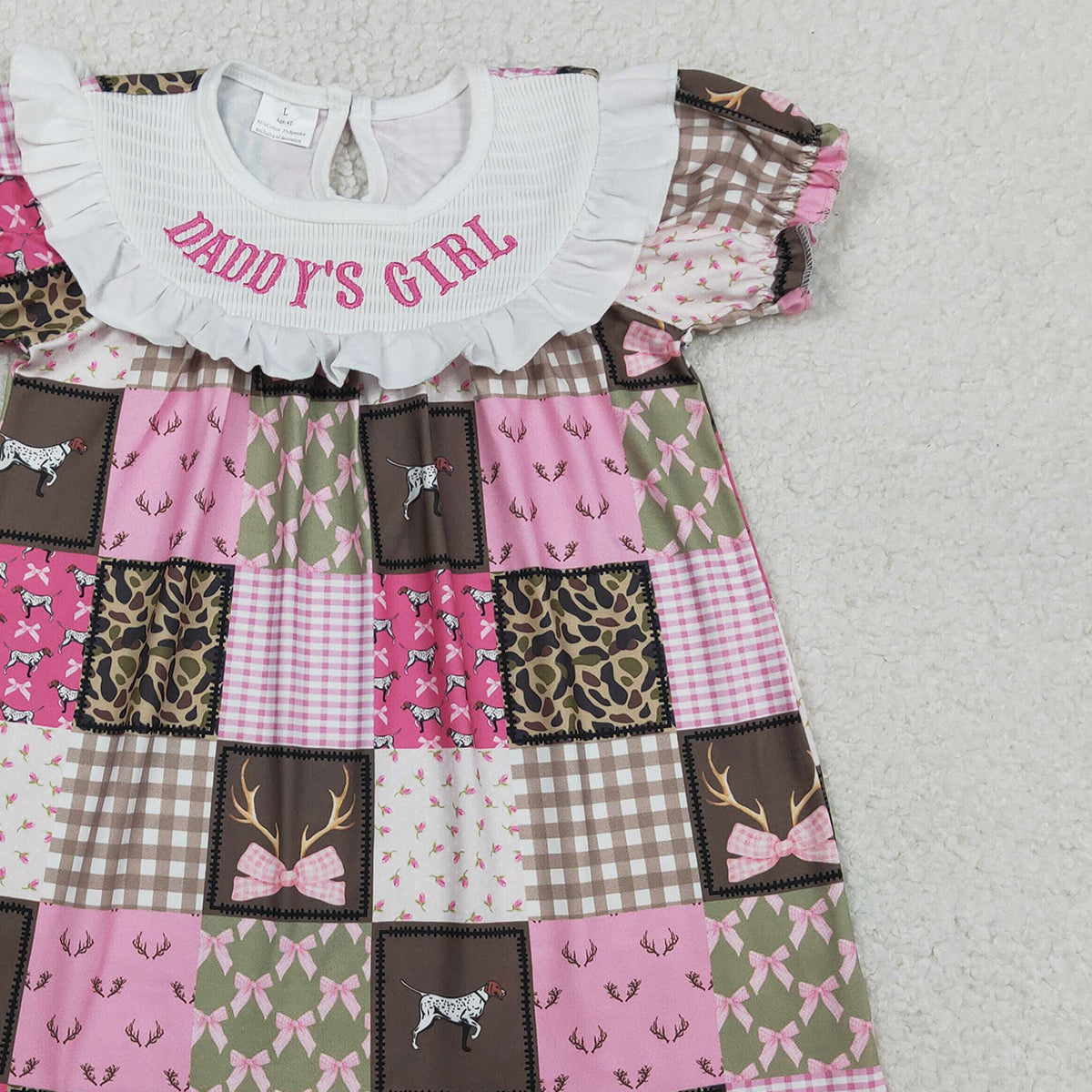 1.27 RTS NO MOQ （In stock）GSD3484 Smocked Daddy's Girls Deer Dogs Bows Checked Hunting Knee Length Dresses