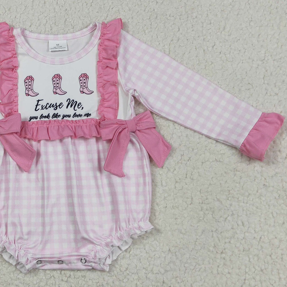 LR2190RTS NO MOQ Baby Girls Winter Rompers Baby Infant Girls Pink Plaid Boots Bows Rompers