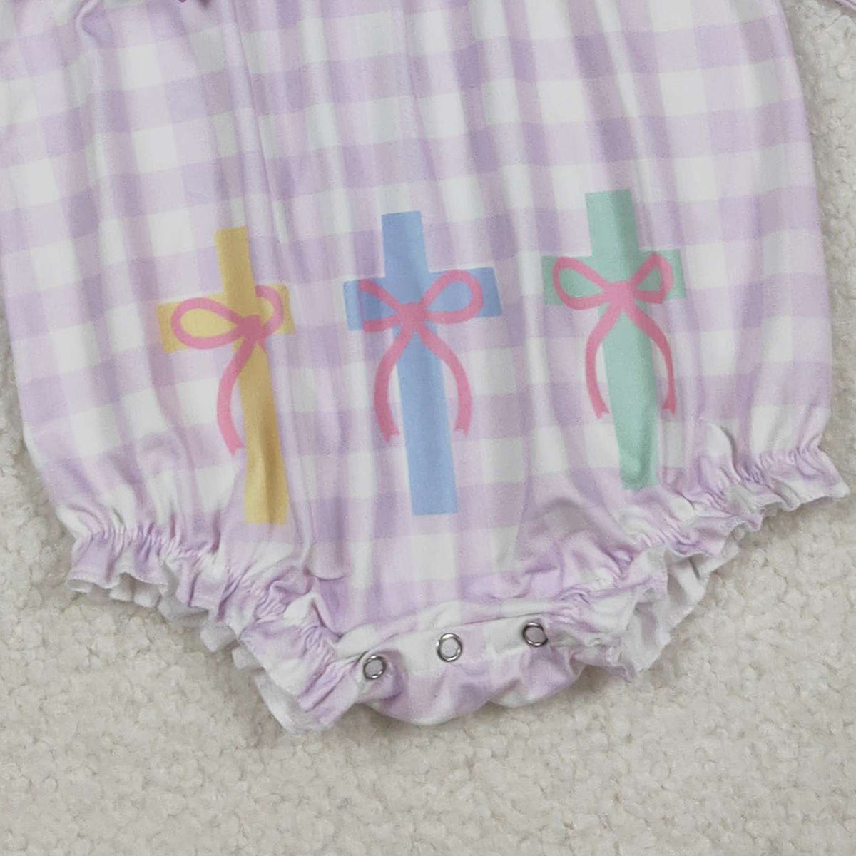 10.17 RTS NO MOQ （In stock）LR2740 Baby Girls Winter Rompers Baby Girls Lavender Checked Jesus Love Me Cross Ruffle Rompers