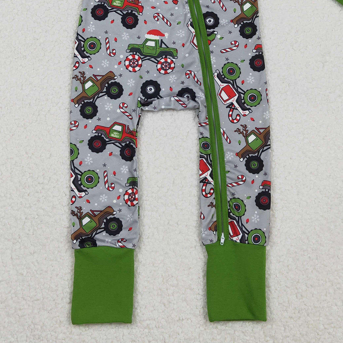 11.3 RTS NO MOQ （In stock）LR2669 Baby Boys Winter Rompers Baby Boys Trucks Candy Cane Christmas Two Way Zip Convertible