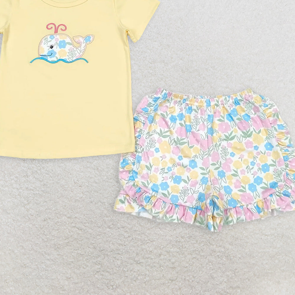 GSSO0765RTS NO MOQ Baby Girls Summer Outfits  Embroidered flower whale yellow short-sleeved shorts set