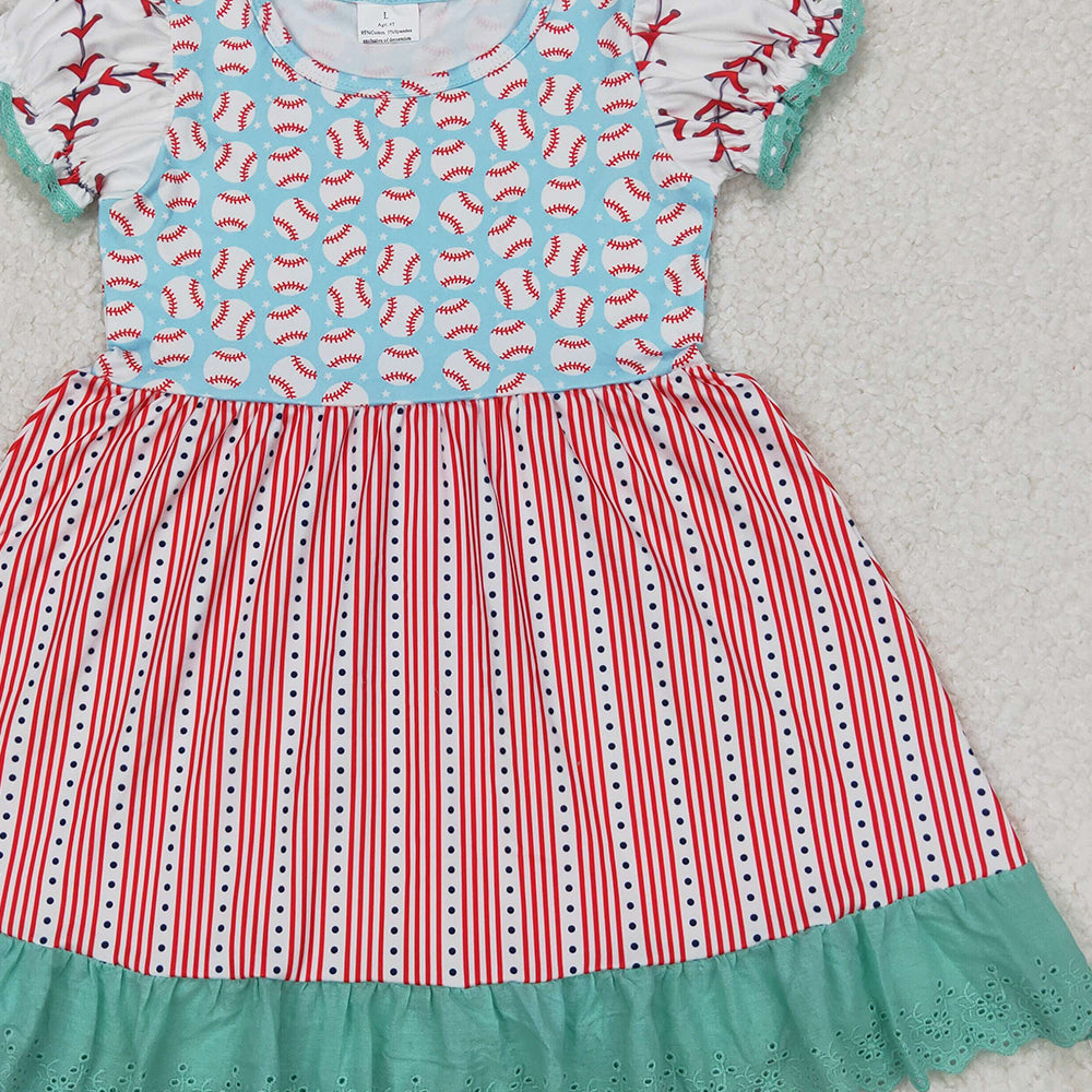 4.08 GSD1749 RTS NO MOQ Baby Girls Summer Dress Aqua Short Ruffle Sleeves Baseballs Print Red Stripe Lace Dresses