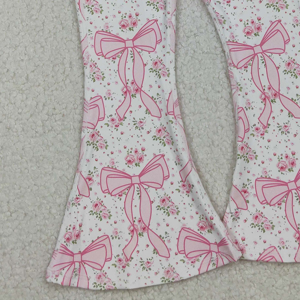 10.13 RTS NO MOQ （In stock）P0773 Baby Girls Pants Baby Girls Pink Floral Bows Bell Bottom Yoga Active Pants