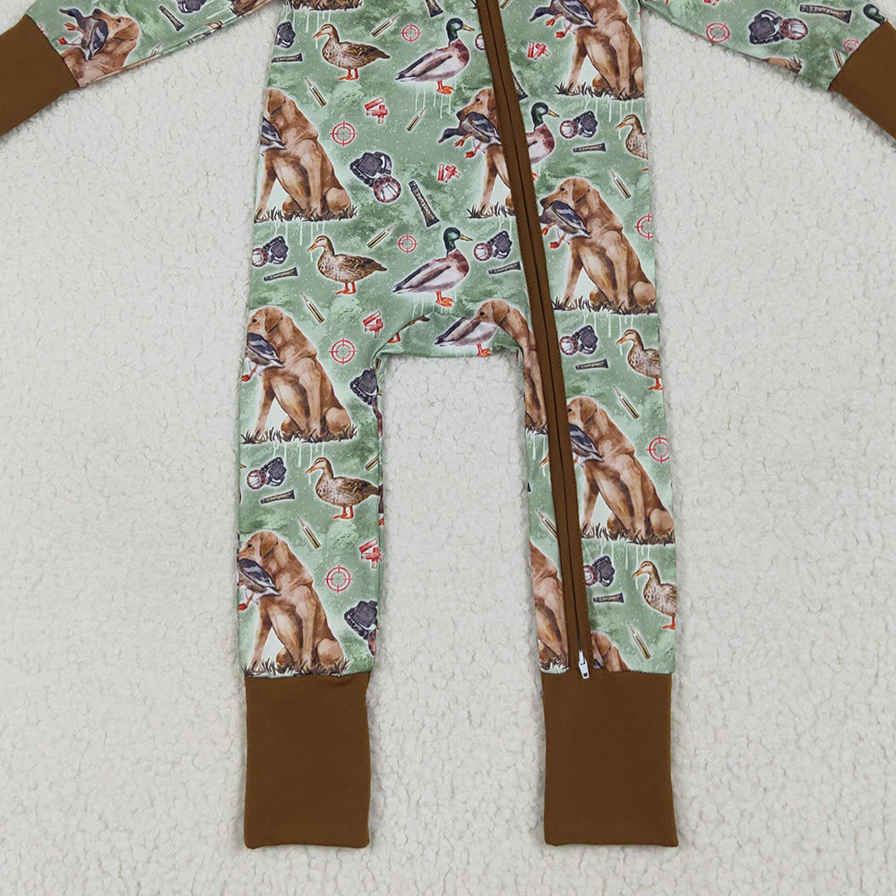 RTS NO MOQ （In stock）LR2234 Baby Boys Winter Rompers Baby Boys Green Dog Ducks Hunting Zipper Footie Rompers