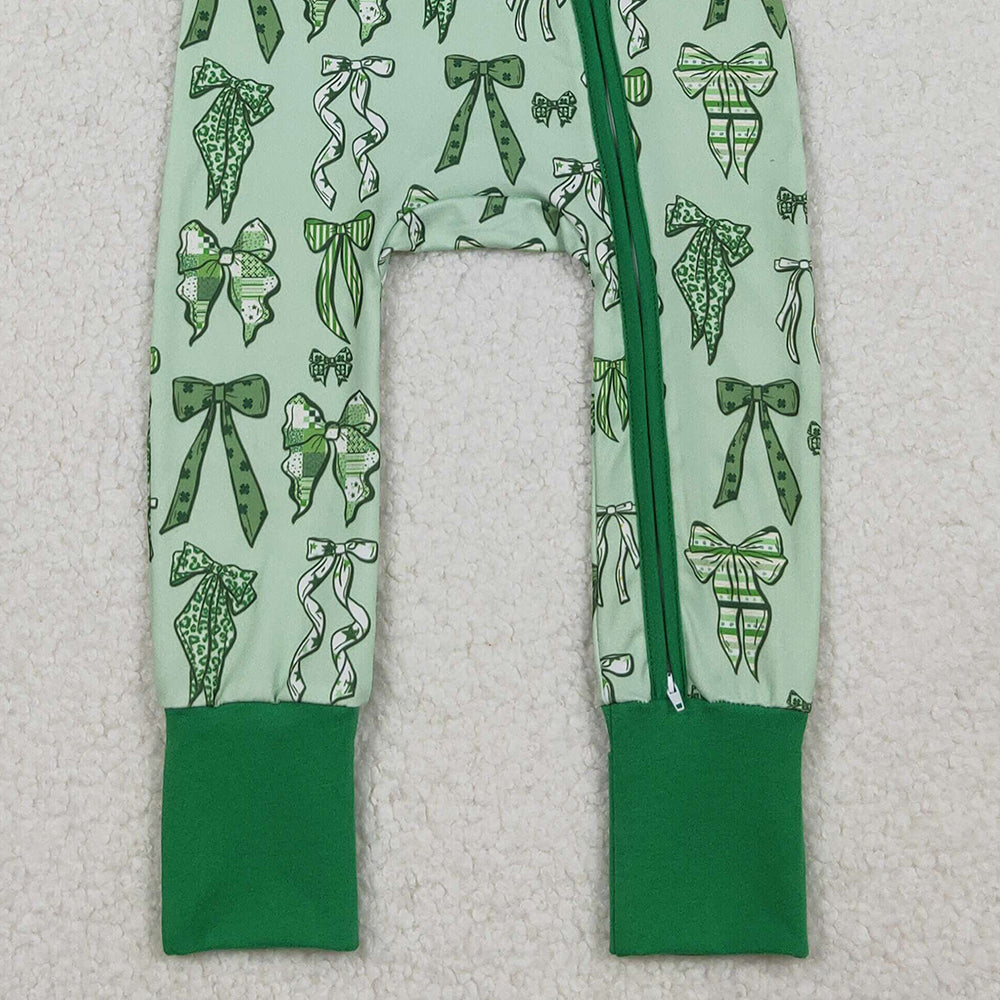 9.29 RTS NO MOQ （In stock） 6-12m-7-8t GLP2840 Baby Girls Winter Outfits Baby Girls Green Clovers Leopard Bows Top Pants St Patrick Pajamas Sets
