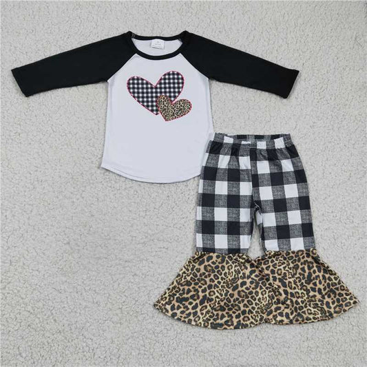 6 B7-23 Heart print black sleeve plaid bell bottom pants little girls valentine's clothing