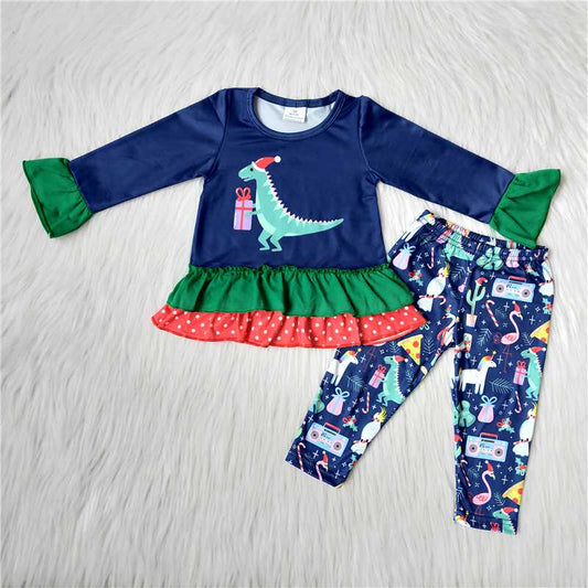 6 B10-21 Christmas dinosaur dark blue long-sleeved suit