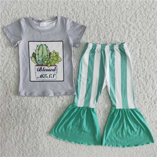 B6-22 Baby Girls blessed mess cactus stripe bell pants sets