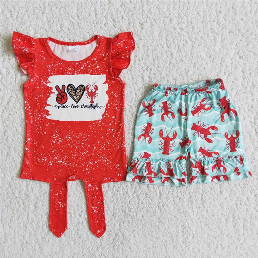 D12-13Peace love crawfish bleached shirt ruffle shorts kids clothing