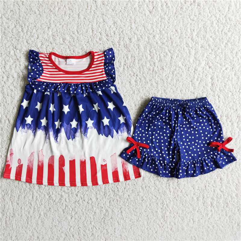 D8-19 4th of July Girl Striped star top polka dot shorts set