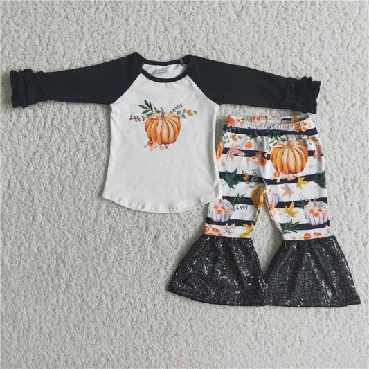 6 A20-29Pumpkin print sequin bell bottom pants girls fall clothing