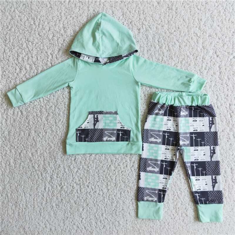 6 C8-4 Boys green hooded lineman long-sleeved trousers checkered suit