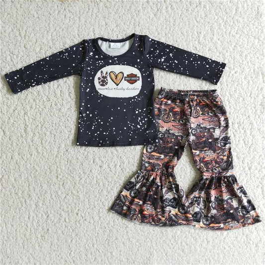 6 C10-40Black bleached shirt Motorcycle shirt bell bottom pants girls outfits