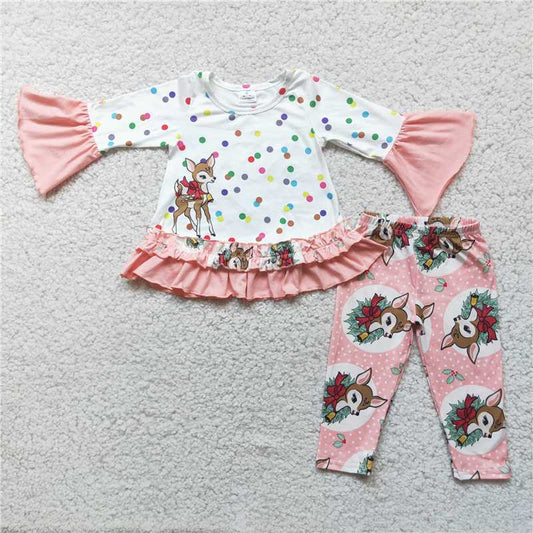 6 A1-19Polka dots deer print shirt leggings girls Christmas set