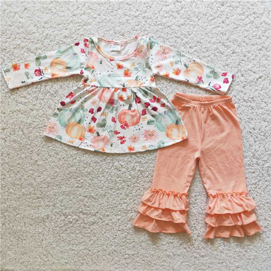 6 A2-15Long sleeve pumpkin print triple ruffle pants girls fall clothing