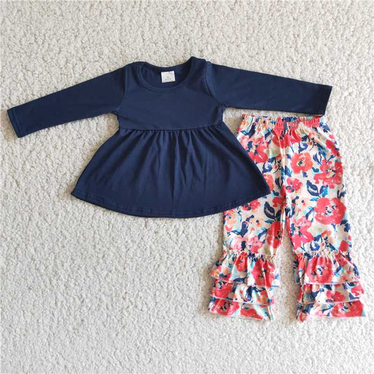 6 B2-5Navy cotton tunic match floral triple ruffle pants girls fall clothing