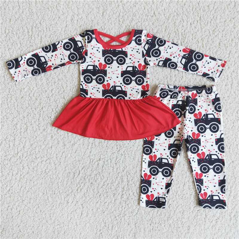 12.15 RTS NO MOQ （In stock）6 B12-9 Baby Girls Valentines red tractor legging sets