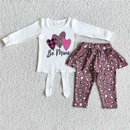 6 A25-28Be mine heart print shirt leopard leggings match skirt girls boutique valentine's outfits