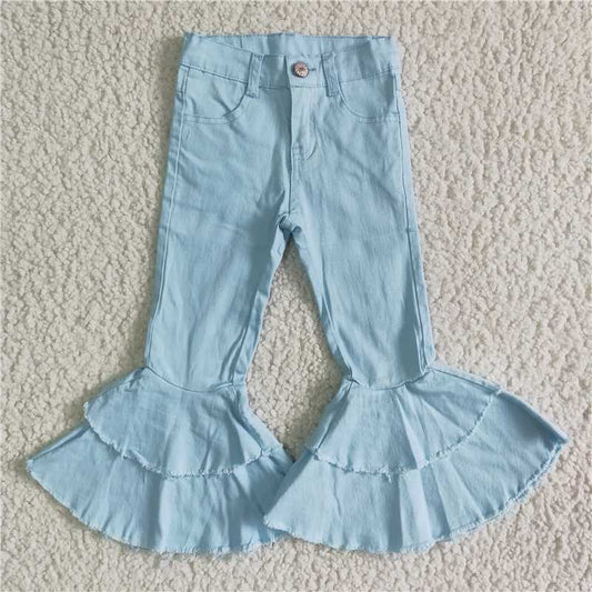 E12-30 Baby Girls blue double ruffle denim jeans pants