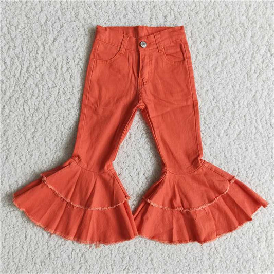 E12-19 Watermelon red color adjustable waistband ruffle bell bottom denim pants