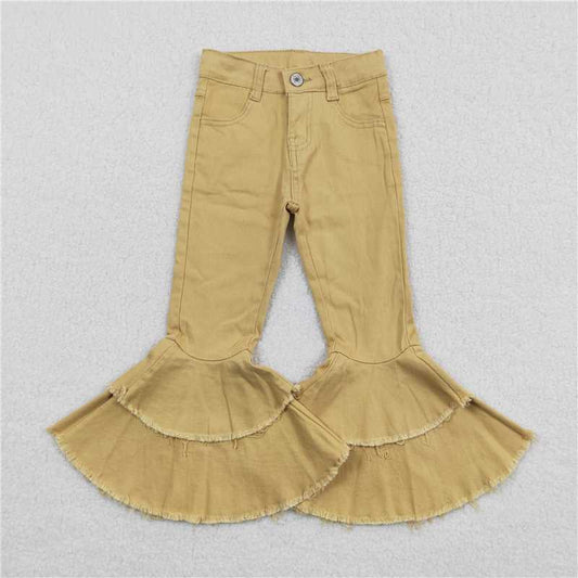 E12-20  Baby Girls Khaki Double Ruffle Denim Jeans Unicorm Pants