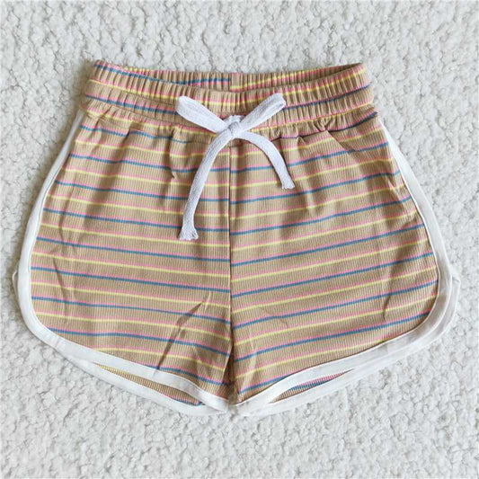B0-15  High quanlity cotton Khaki stripe drawstring girls summer shorts