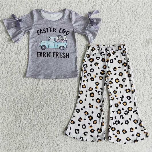 E9-17 Baby Girls easter egg farm fresh leopard bell pants sets