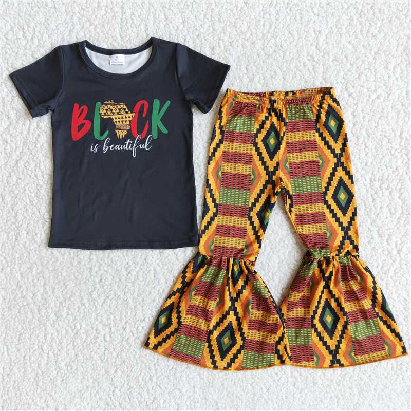E13-16 Baby girls Black history map bell pants clothing sets