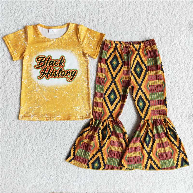 E14-3 Baby girls black history mustard bleached top bell pants clothing sets