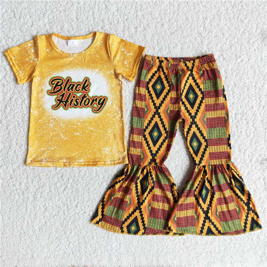 E14-3 Baby girls black history mustard bleached top bell pants clothing sets