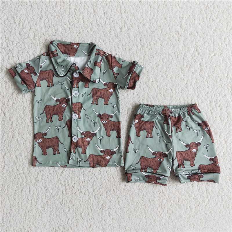 E14-1  Baby boys western cow heifer short sleeve shorts summer button up pajamas sets