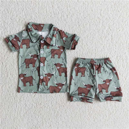 E14-1  Baby boys western cow heifer short sleeve shorts summer button up pajamas sets