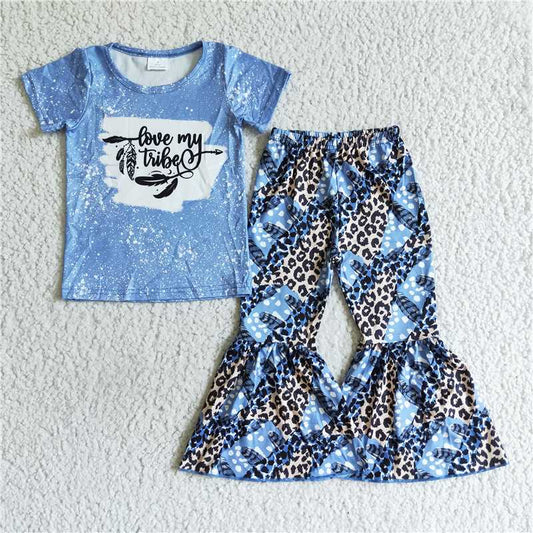 B8-25  Baby girls stay wild bell pants western blue color clothing sets