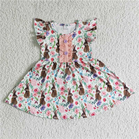 B11-30 Easter bunny print flying sleeve dress