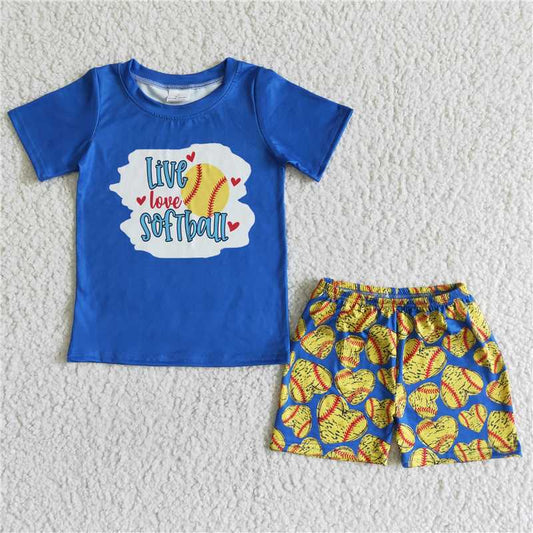 BSSO0020 Boys blue baseball heart yellow short-sleeved shorts set