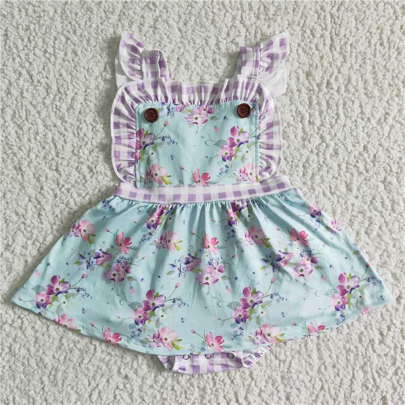 SR0027  Baby girls summer purple floral ruffle bubble rompers
