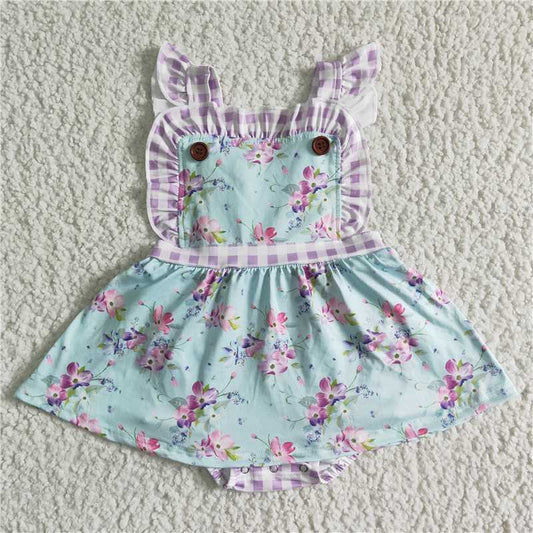 SR0027  Baby girls summer purple floral ruffle bubble rompers