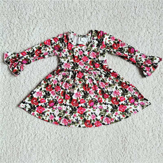 9.20 RTS NO MOQ（In stock）G3-8-5*. Baby Girls Winter Dress Dark red and purple long-sleeved dress with flowers and green leaves