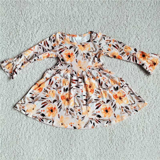 9.29 RTS NO MOQ（In stock）G3-8-5'; Baby Girls Winter Dress Light orange floral brown leaf long sleeve dress