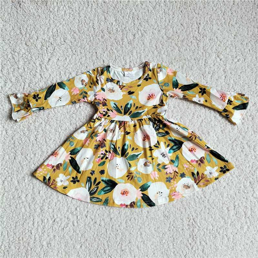 9.23 RTS NO MOQ（In stock）G3-8-5*, Baby Girls Winter Dress White floral dark yellow long-sleeved dress