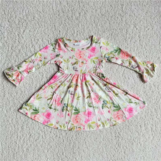 9.24 RTS NO MOQ（In stock）G3-8-5*.\ Baby Girls Winter Dress Light pink rose green leaves off-white long-sleeved dress
