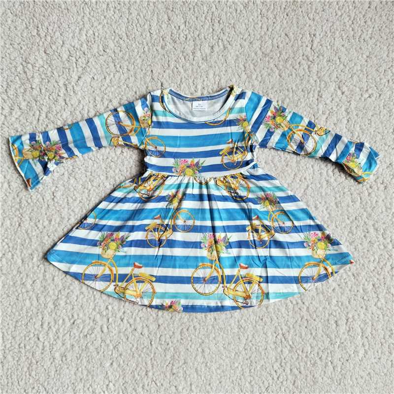 9.24 RTS NO MOQ（In stock）G3-8-5*/. Baby Girls Winter Dress Cycling blue and white striped long-sleeved dress