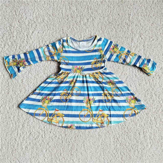 9.24 RTS NO MOQ（In stock）G3-8-5*/. Baby Girls Winter Dress Cycling blue and white striped long-sleeved dress