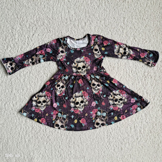 9.26 RTS NO MOQ（In stock）G3-8-6*.- Baby Girls Winter Dress Colorful Rose Skull Black and Purple Long Sleeve Dress