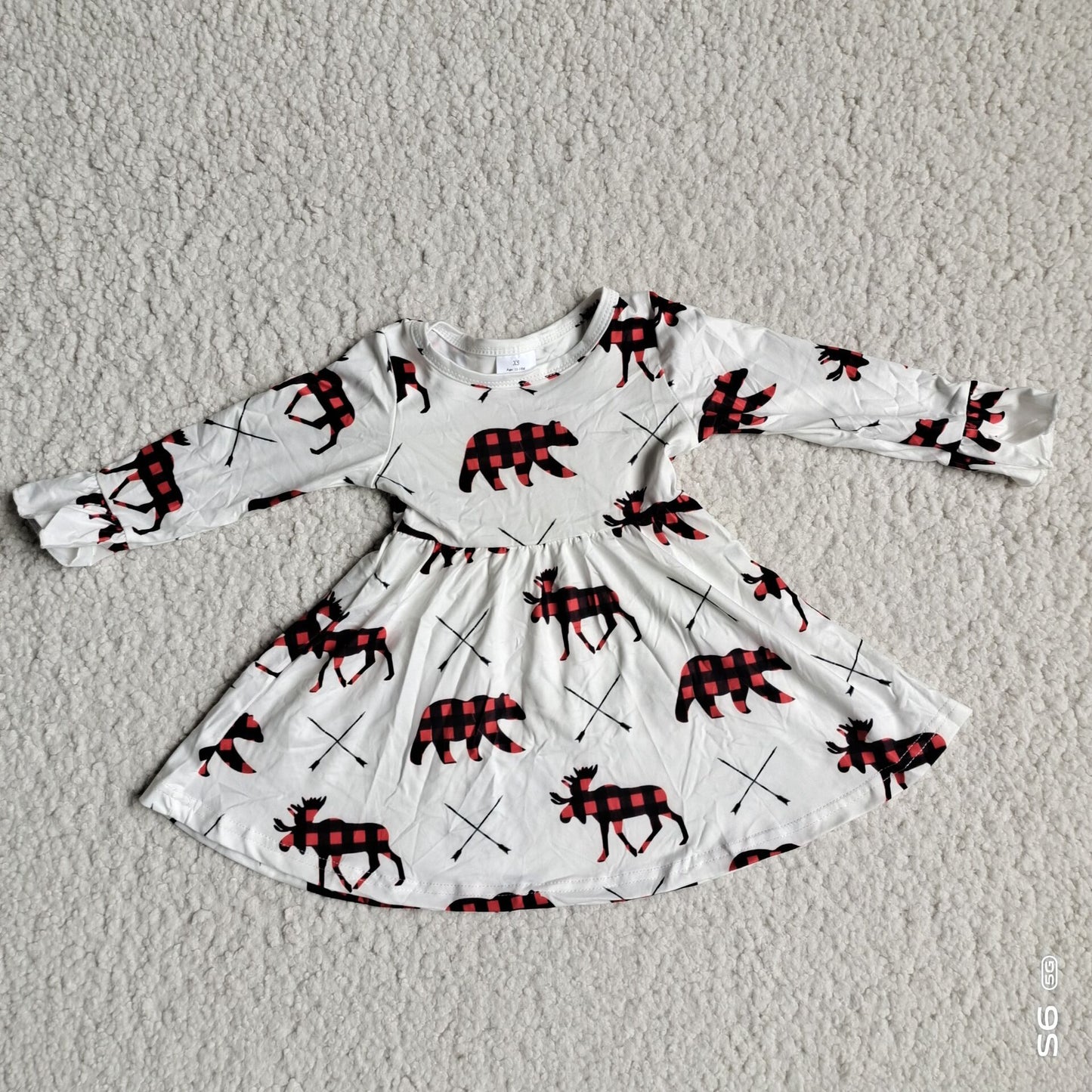 9.29 RTS NO MOQ（In stock）G3-8-6*;. Baby Girls Winter Dress Red and black plaid bear white long-sleeved skirt